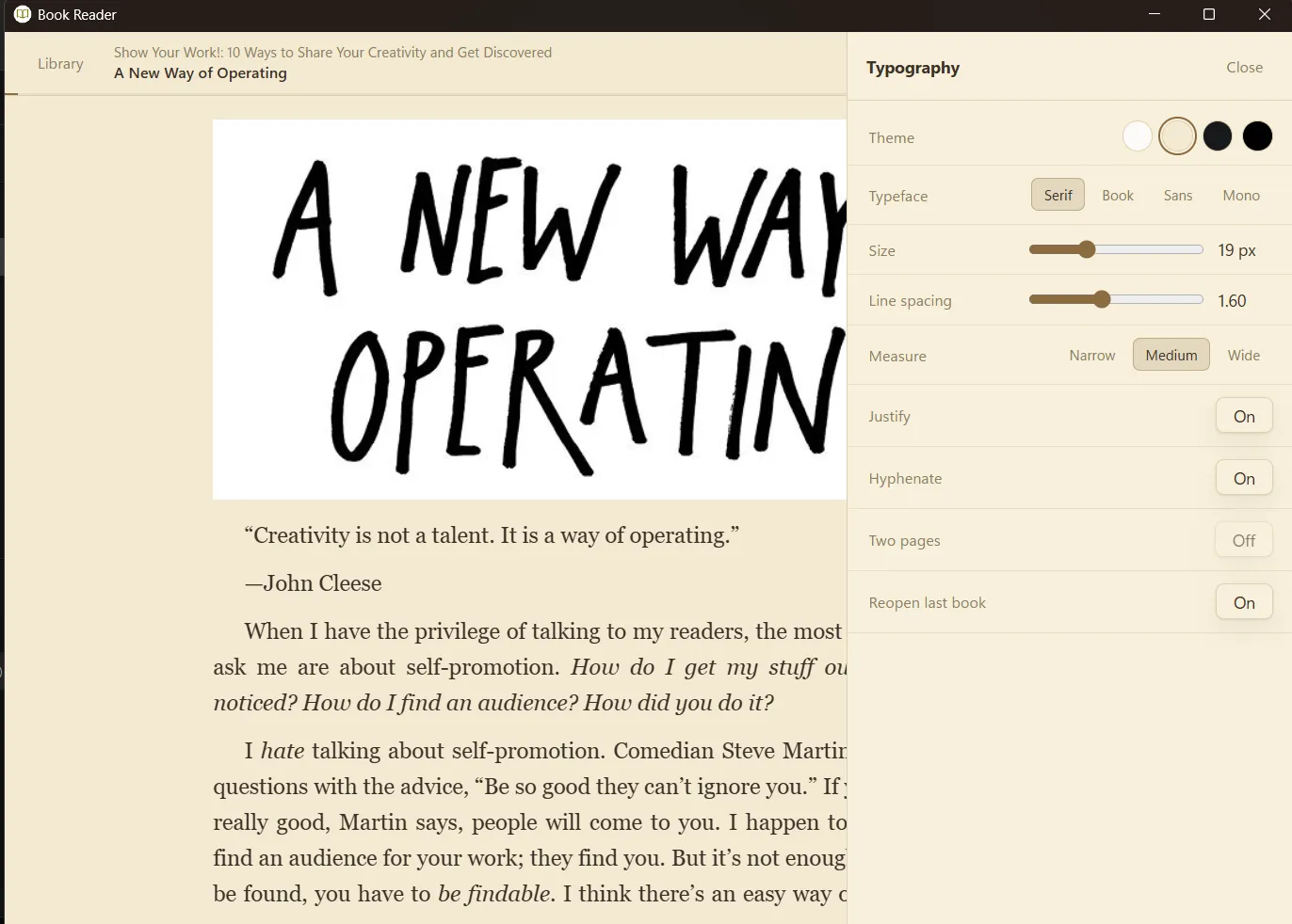Screenshot 3 of book reader app, with right sidebar open showing customisation options